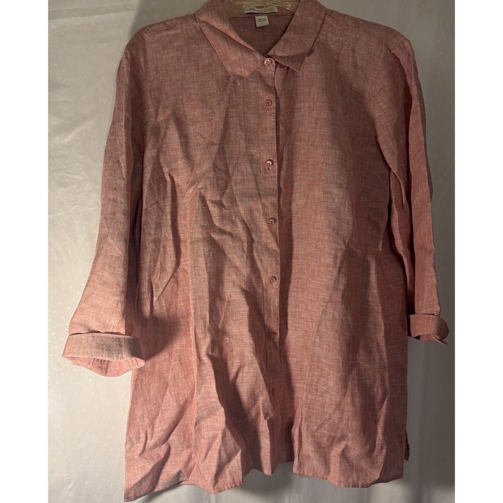 Coldwater Creek  Rose Pink 100% Linen Button Up Blouse Top Women's Large‎